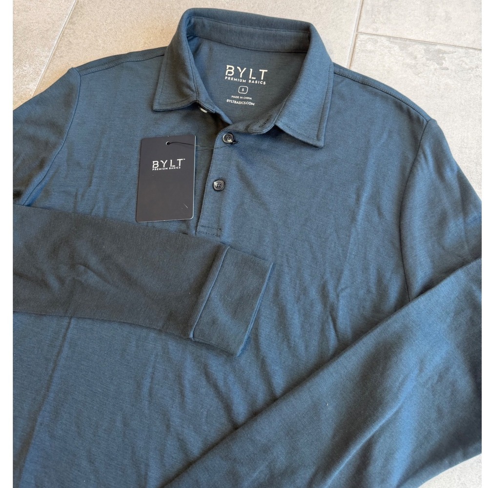 NWT BYLT Premium Basics Mens Vintage Navy Long Sleeve Polo Shirt Size S